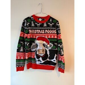 Christmas Mood Cow Santa Hat Ugly Christmas Sweater Holiday Festive